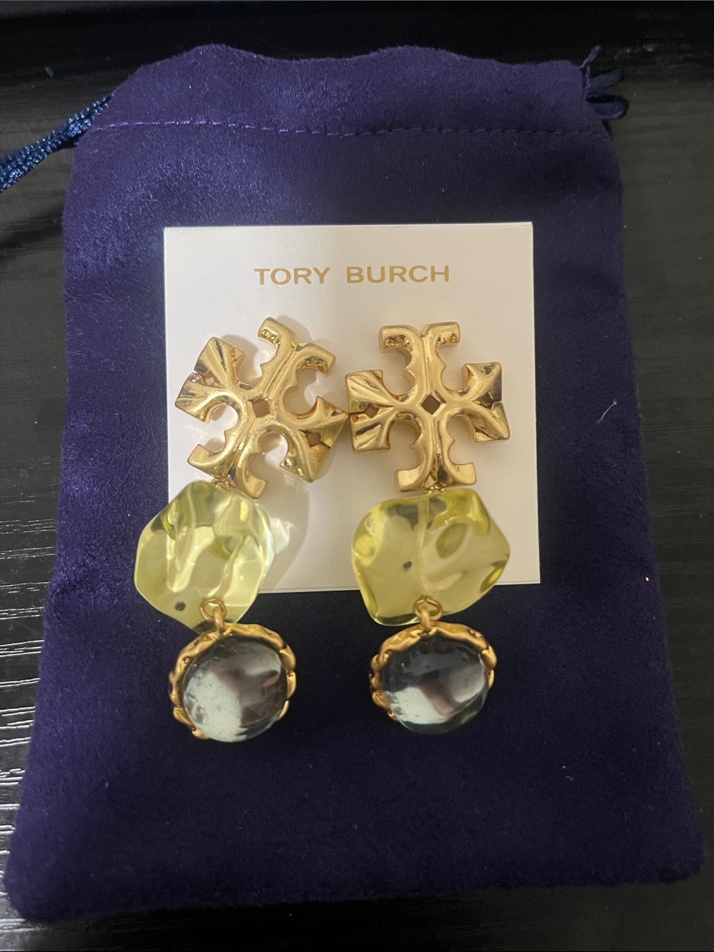 Tory Burch Gold with Yellow and Gray Drop Earrings